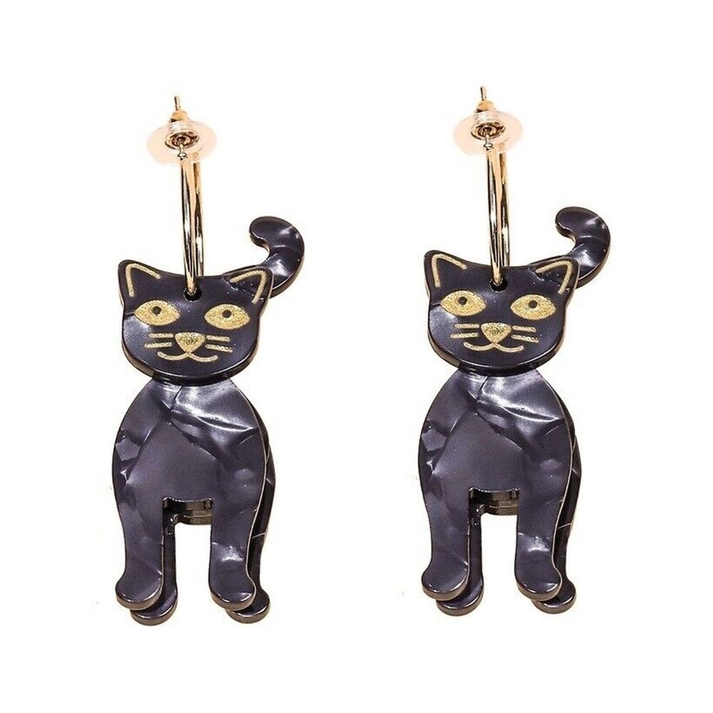 3D Black Cat Halloween Hoop Earrings, Big Gold Hoops Cat - Black/Gold - 3.5"